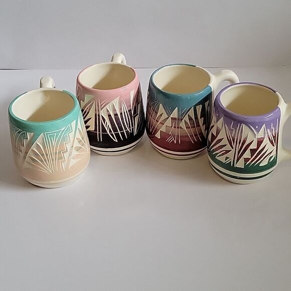 Vintage Signed Ute Navajo Pottery mug Coffee Cup Excellent set of 4 - Picture 1 of 11